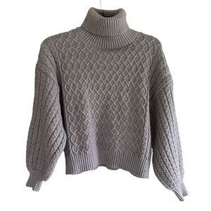 Elie Tahari Women's Gray Cable Knit Turtleneck Sweater Balloon Sleeves Small